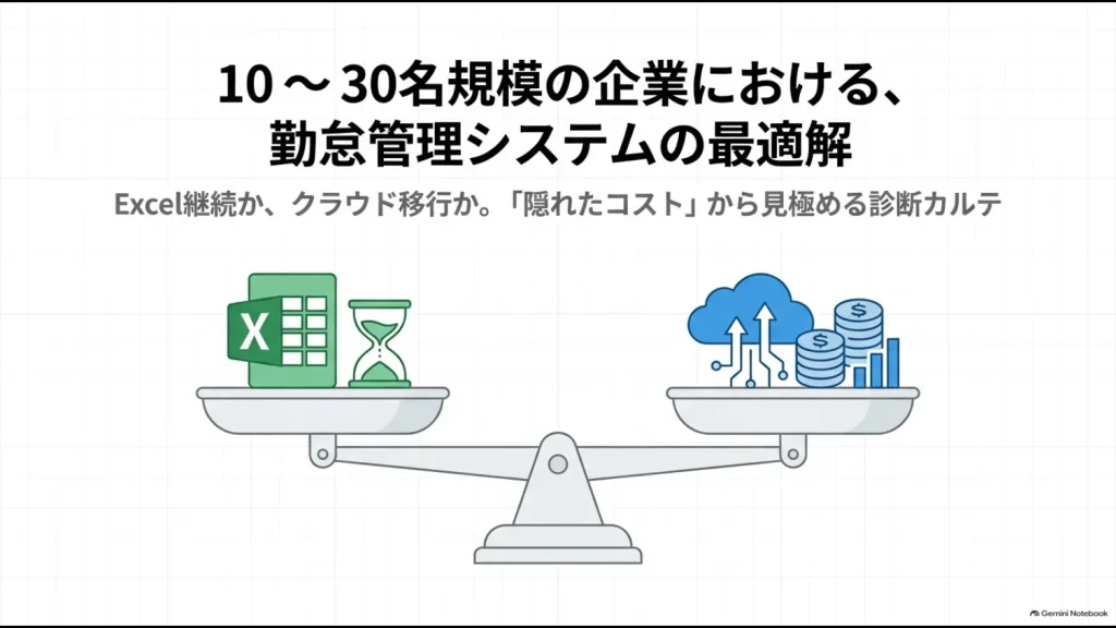 10〜30名規模の企業がExcel勤怠を継続するかクラウド勤怠へ移行するかを比較するイメージ