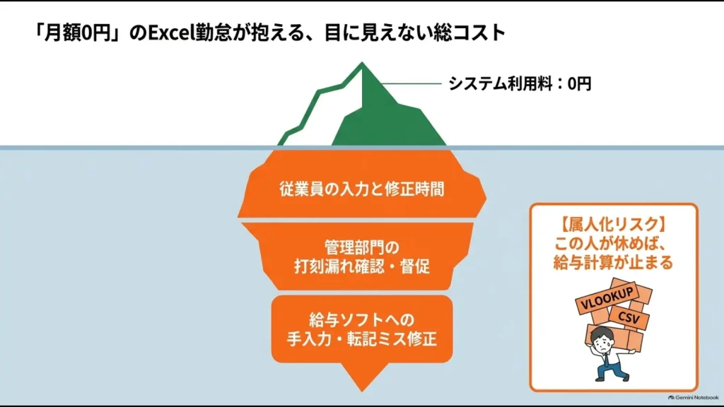 Excel勤怠の利用料は0円でも入力修正や督促、給与転記、属人化によるコストが発生することを示した図
