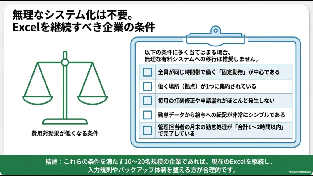 固定勤務、単一拠点、修正が少ないなどExcel勤怠を継続しやすい小規模企業の条件