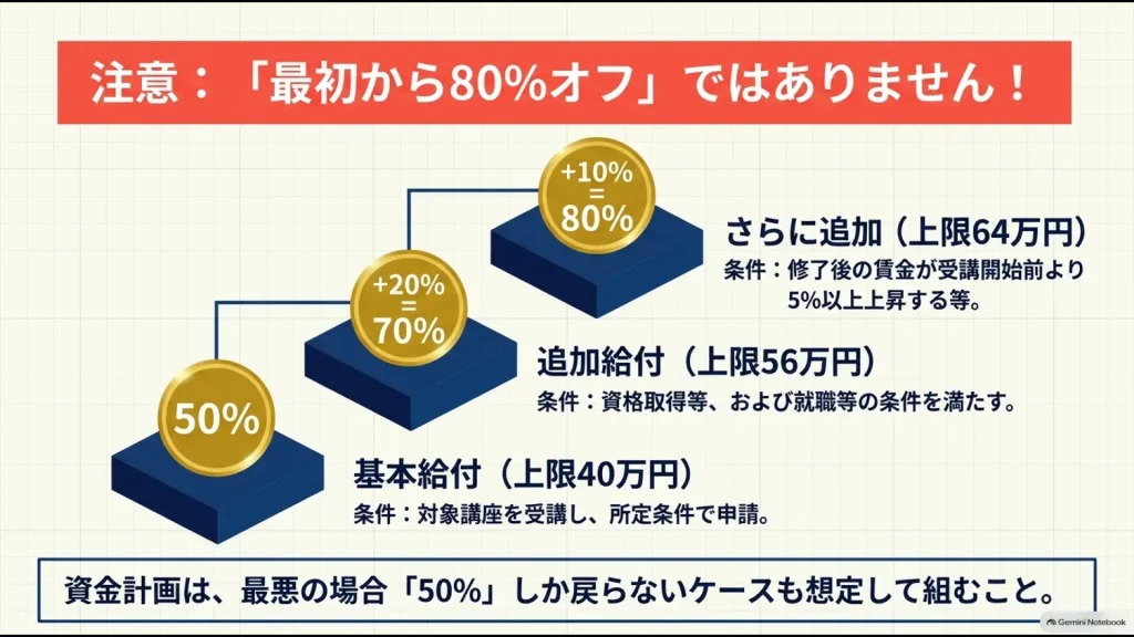専門実践教育訓練給付金が50％から70％、最大80％へ段階的に増える仕組み