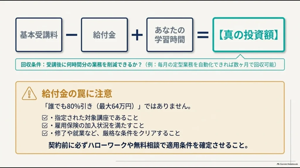 インターネット・アカデミーの受講料・給付金・学習時間から投資価値を考える図