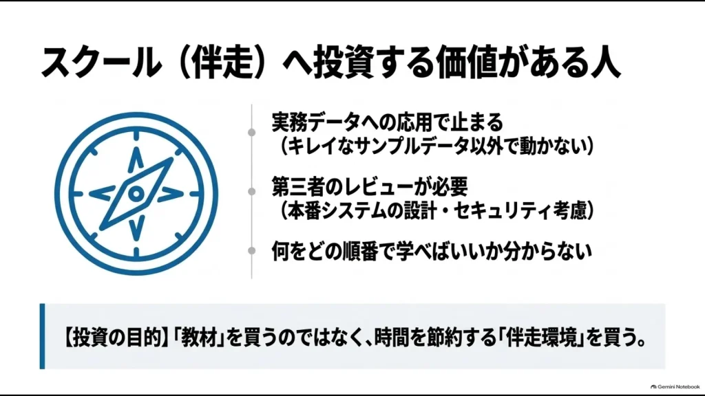 実務応用、第三者レビュー、学習順の支援が必要なスクール向きの人