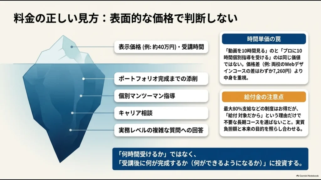 ITスクールの受講料だけでなく、添削、個別指導、キャリア相談、給付制度まで含めて料金を判断する図