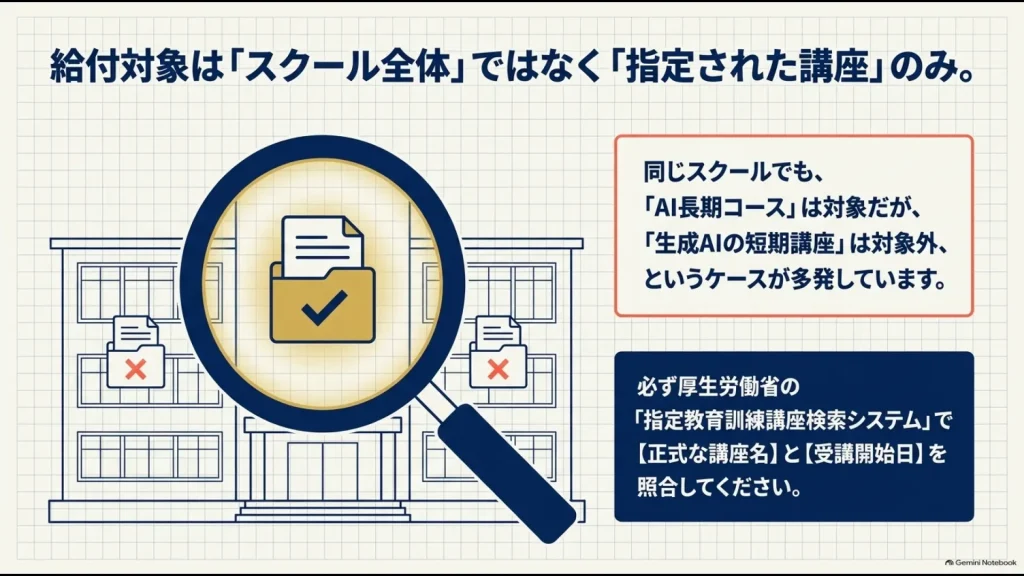 AIスクール全体ではなく指定された講座ごとに教育訓練給付金の対象を確認する方法
