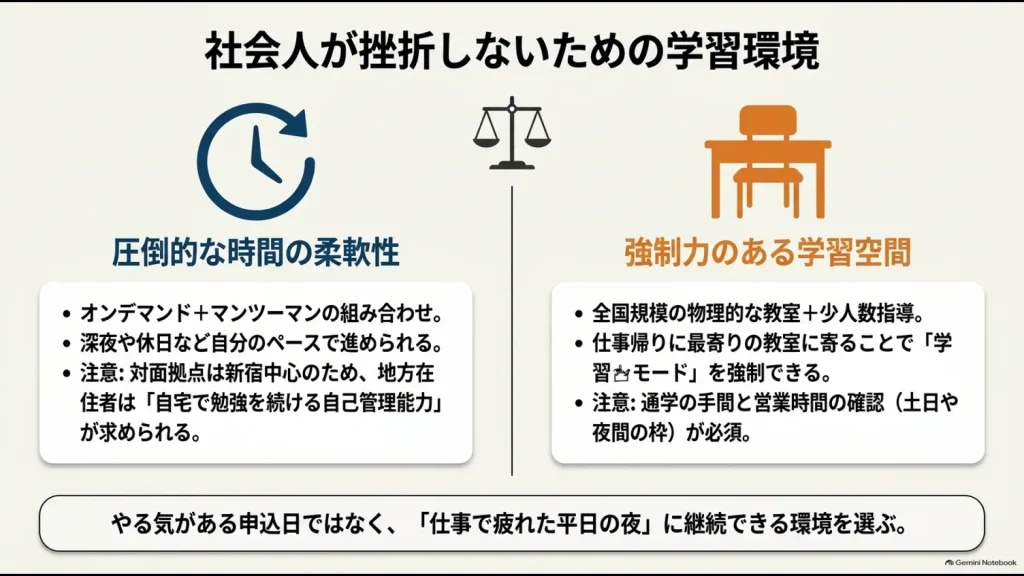 インターネット・アカデミーの時間の柔軟性とWinスクールの教室環境を比較した社会人向け学習環境の図